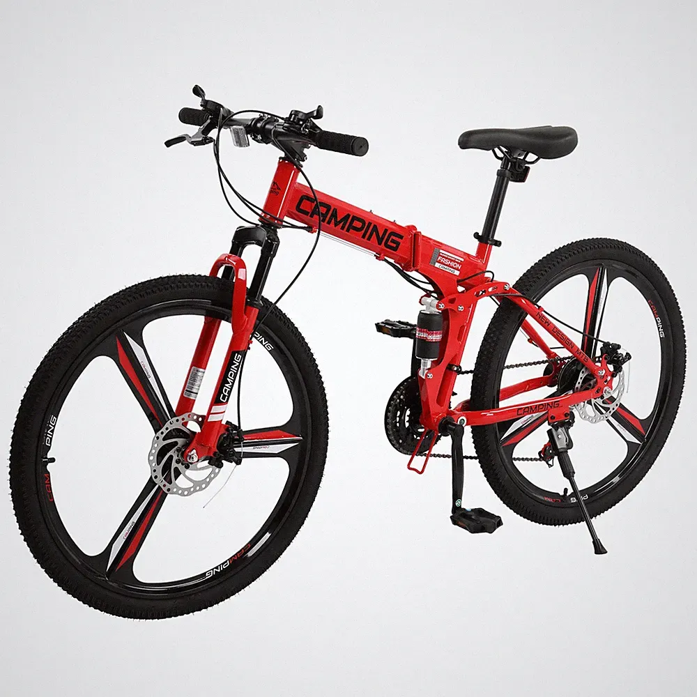 26" Folding Mountain Bike 21 Speed Men Bikes MTB Bicycle Dual Disc Brake US Red